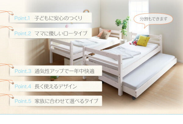 タイプが選べる頑丈ロータイプ収納式3段ベッド fericica フェリチカ ベッドフレームのみ キャスター付シングルタイプ シングル 送料無料