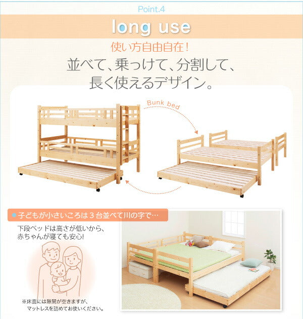 タイプが選べる頑丈ロータイプ収納式3段ベッド fericica フェリチカ ベッドフレームのみ キャスター付シングルタイプ シングル 送料無料