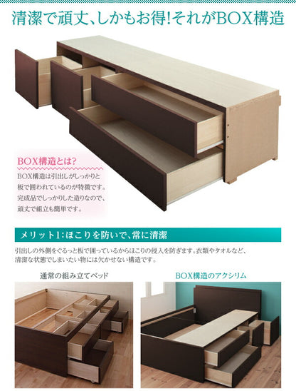 【新商品】お客様組立 日本製_棚・コンセント付き_大容量チェストベッド Auxilium アクシリム 薄型抗菌国産ポケットコイルマットレス付き ダブル 送料無料