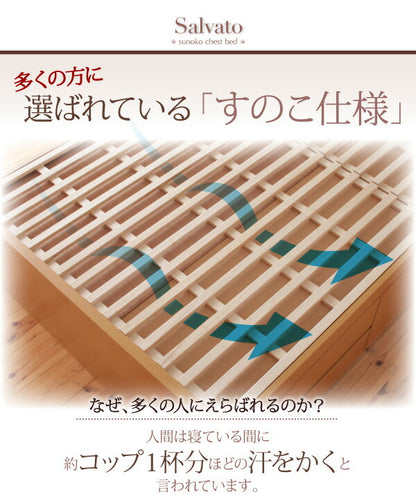 【新商品】お客様組立 日本製_棚・コンセント付き大容量すのこチェストベッド Salvato サルバト 薄型スタンダードポケットコイルマットレス付き セミダブル 送料無料