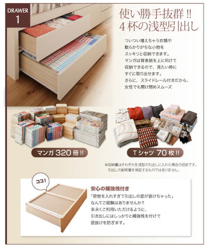 【新商品】お客様組立 日本製_棚・コンセント付き大容量すのこチェストベッド Salvato サルバト 薄型プレミアムボンネルコイルマットレス付き セミダブル 送料無料