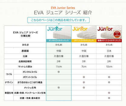 子どもの睡眠環境を考えた 安眠マットレス 薄型・軽量・高通気　ジュニア ボンネルコイル EVA エヴァ シングル ショート丈 送料無料