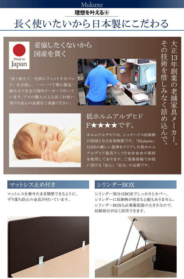 お客様組立 フラットヘッドコンセント付跳ね上げ収納ベッド Mulante ムランテ ベッドフレームのみ シングル 深さラージ 送料無料