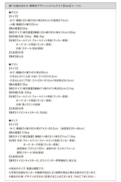 【新商品】選べる組み合わせ 異素材デザインシステムデスク Ebel エーベル 3点セット(デスク+ワゴン+チェア) W120 送料無料