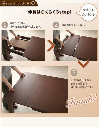 【新商品】組立設置付き 3段階に広がる!収納ラック付きエクステンションダイニング Dream.3 6点セット(テーブル+チェア4脚+ベンチ1脚) W120-180 送料無料