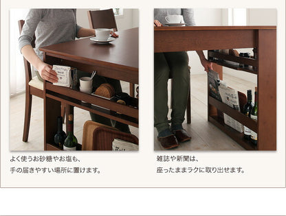 【新商品】組立設置付き 3段階に広がる!収納ラック付きエクステンションダイニング Dream.3 7点セット(テーブル+チェア6脚) W120-180 送料無料