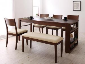 【新商品】組立設置付き 3段階に広がる!収納ラック付きエクステンションダイニング Dream.3 6点セット(テーブル+チェア4脚+ベンチ1脚) W120-180 送料無料