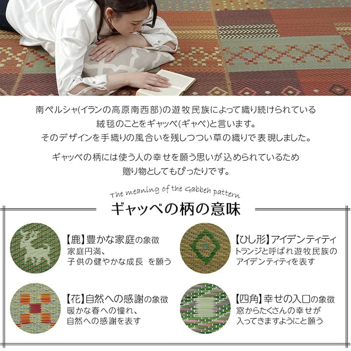 い草ラグ 裏ばり 花ござ カーペット ラグ 6畳 ギャッベ(ギャベ)柄 抗菌防臭 消臭 江戸間6畳 (約261×352cm） 裏:不織布 送料無料