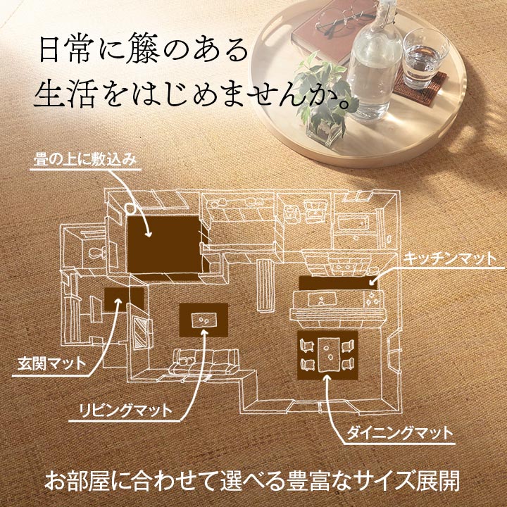 籐 敷 マット 玄関 キッチン 自然素材 アジアン ラタン ひんやり 冷感 リゾート お手入れ簡単 丈夫 耐久性 汚れにくい ハンドメイド インドネシア産 あじろ織り 約60×90cm 送料無料