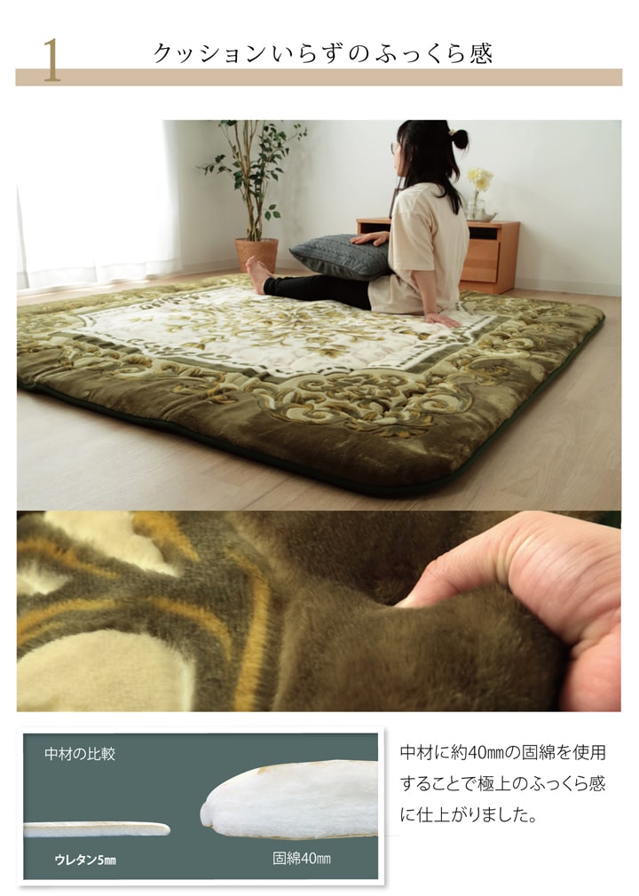 国産固綿40mm使用  ラグ ふっくら極厚敷き布団 『シャルマン』 約195×295cm 送料無料
