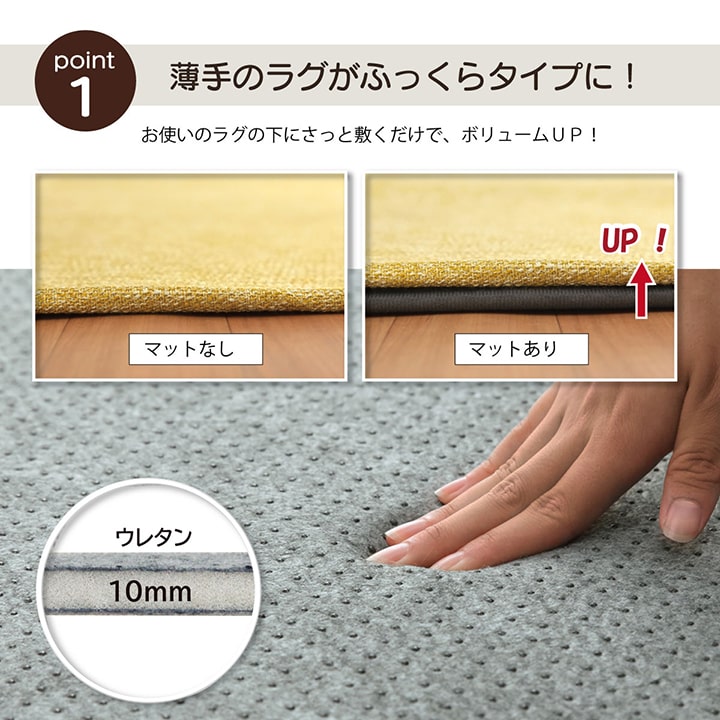 ラグ 下敷き 滑り止め 滑りにくい 防音 へたりにくい ボリューム ウレタン10mm クッション性 約180×235cm 床暖房 ホットカーペット対応 送料無料