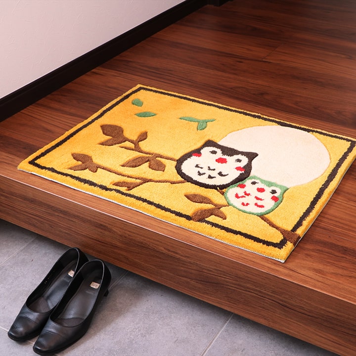 玄関マット へたりにくい 弾力性 約60×90cm 楕円 ふくろう フクロウ 抗菌防臭 送料無料