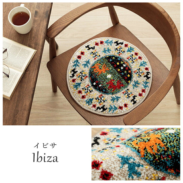 【新商品】クッション チェアパッド 薄手 ウィルトン 織り トルコ製 円形 丈夫 汚れにくい 床用 キズ防止マット ギャベ柄 モンドリアン柄 モロッコタイル柄 抗菌防臭 消臭 40cm丸 イビサ 送料無料