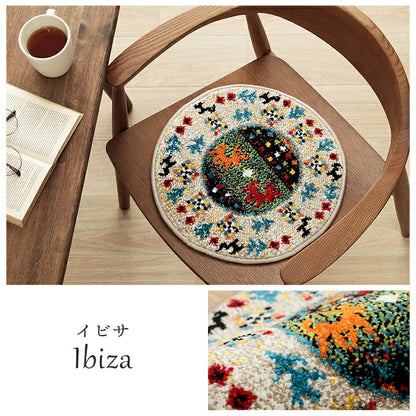 【新商品】クッション チェアパッド 薄手 ウィルトン 織り トルコ製 円形 丈夫 汚れにくい 床用 キズ防止マット ギャベ柄 モンドリアン柄 モロッコタイル柄 抗菌防臭 消臭 40cm丸 イビサ 送料無料