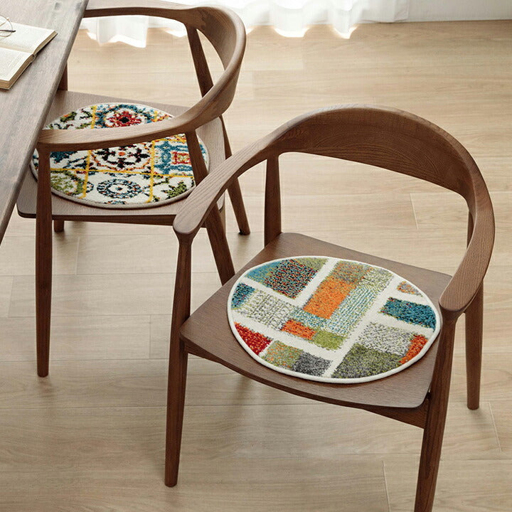 【新商品】クッション チェアパッド 薄手 ウィルトン 織り トルコ製 円形 丈夫 汚れにくい 床用 キズ防止マット ギャベ柄 モンドリアン柄 モロッコタイル柄 抗菌防臭 消臭 40cm丸 イビサ 送料無料