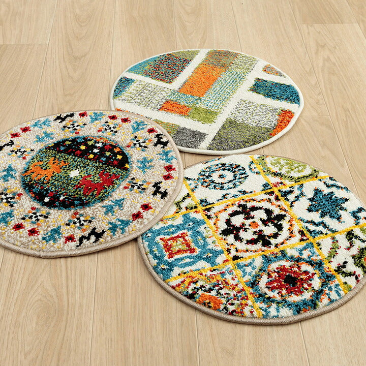 【新商品】クッション チェアパッド 薄手 ウィルトン 織り トルコ製 円形 丈夫 汚れにくい 床用 キズ防止マット ギャベ柄 モンドリアン柄 モロッコタイル柄 抗菌防臭 消臭 40cm丸 イビサ 送料無料