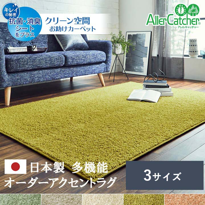 日本 抗菌 消臭 清潔 オーダー ラグ カーペット 防炎 アレルキャッチャー 抗アレル物質 ダニ対策 シャギー 無地 約2.6畳 約200×200cm 送料無料