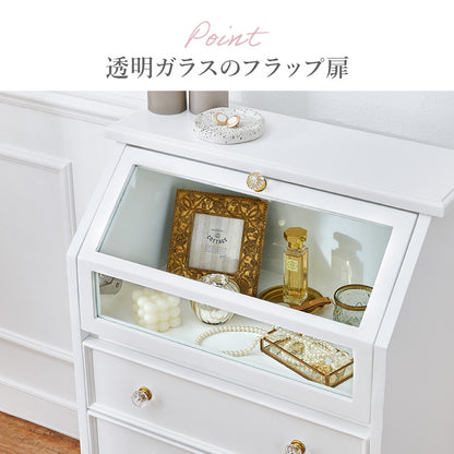 ガラスキャビネット アンティークホワイト 収納家具 引き出し 可愛い フラップ扉 取っ手 倍増 お洒落 北欧
