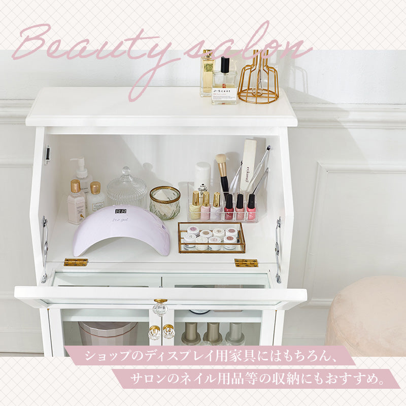 ガラスキャビネット アンティークホワイト 収納家具 引き出し 可愛い フラップ扉 取っ手 倍増 お洒落 北欧