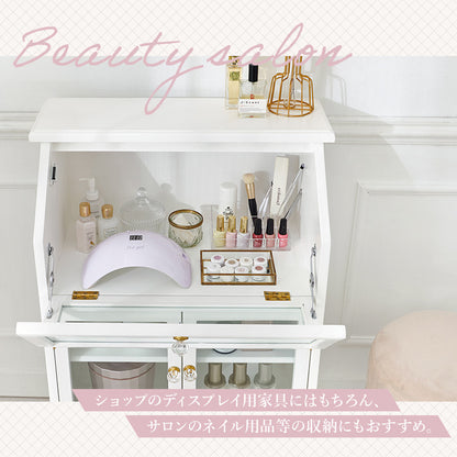 ガラスキャビネット アンティークホワイト 収納家具 引き出し 可愛い フラップ扉 取っ手 倍増 お洒落 北欧