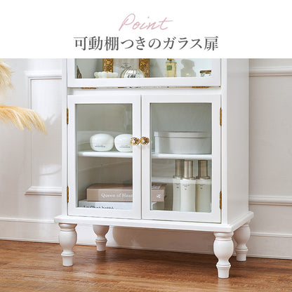 ガラスキャビネット アンティークホワイト 収納家具 可愛い フラップ扉 取っ手 倍増 お洒落 北欧 おしゃれ
