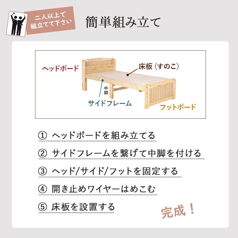 シングルベッド ベッド 3段階 天然木すのこベッド 2口コンセント 床面 調整 天然 すのこ 便利 コンセント