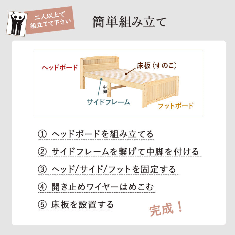 セミダブルベッド ベッド 3段階 天然木すのこベッド 2口コンセント 床面 調整 天然 すのこ 便利 コンセント
