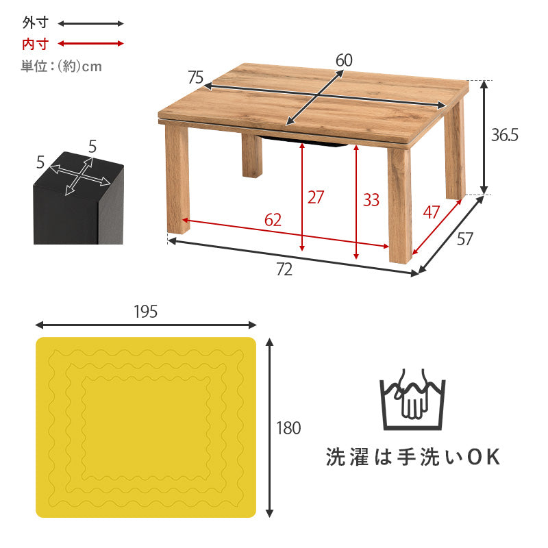 こたつ うす掛け布団 2点セット 長方形 コンパクト 素材感 コンパクトコタツ リアル 素材 天板 特徴