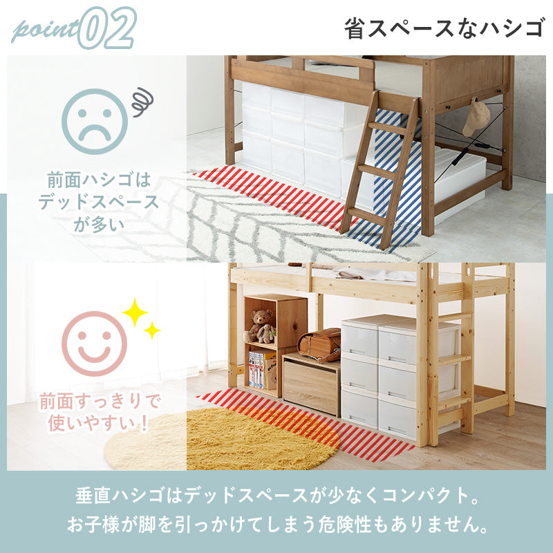 マットレス付ロフトベッド 120cm ハシゴタイプ 床面 収納 スペース 垂直 薄型マットレス シングル セミダブル