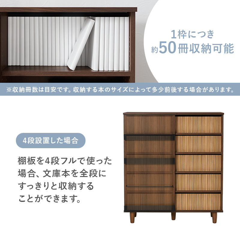 ブックシェルフ 収納家具 ラック 本棚 片面スライド扉 前後分割棚板仕様 扉前板 雑誌 カード ディスプレイ