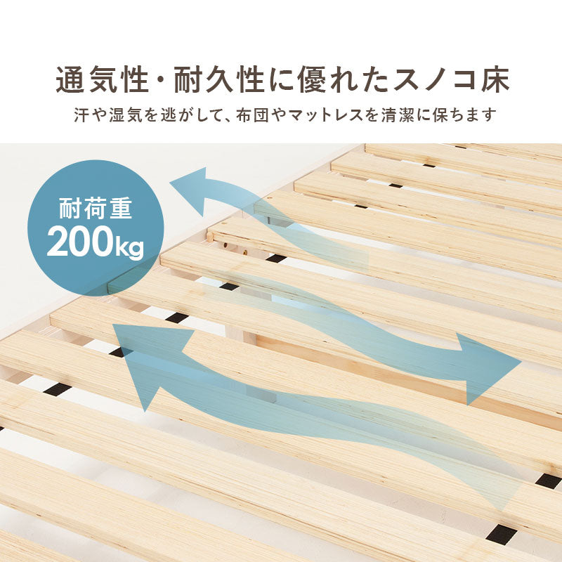 マットレス付シングルベッド 天然木すのこベッド 床面 調節 安定感 ボンネルコイルマットレスセット 寝心地
