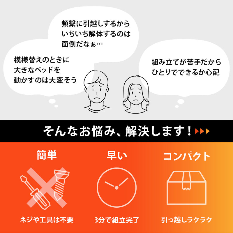 組立簡単 引出し付シングルベッド ネジなし 工具 模様替え 引っ越し 便利 容量収納 引出し2杯 体型