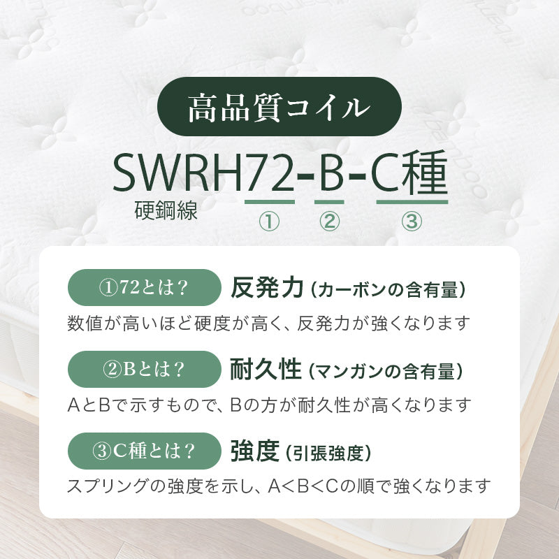 ピロートップ付きマットレス シングル ポケット ベッド 防ダニ 抗菌 防臭機能 竹繊維 中綿 竹炭 使用