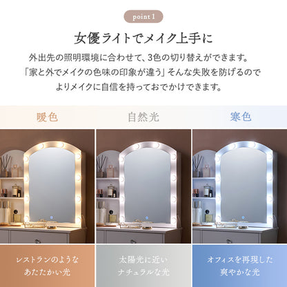 ドレッサー ミラー 女優ライト 顔全体 女優 ライト 全体 ミラー裏 引出し 収納スペース スツール 容量 収納