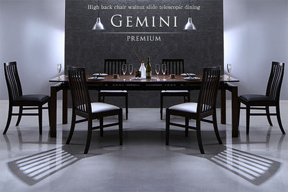 ハイバックチェア ウォールナット材 スライド伸縮式ダイニング Gemini ジェミニ 6点セット(テーブル+チェア4脚+ベンチ1脚) W140-240 送料無料