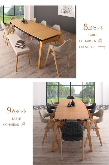 【新商品】組立設置付き 天然木オーク材 スライド伸縮式ダイニングセット MALIA マリア 8点セット(テーブル+チェア6脚+ベンチ1脚) W140-240 送料無料