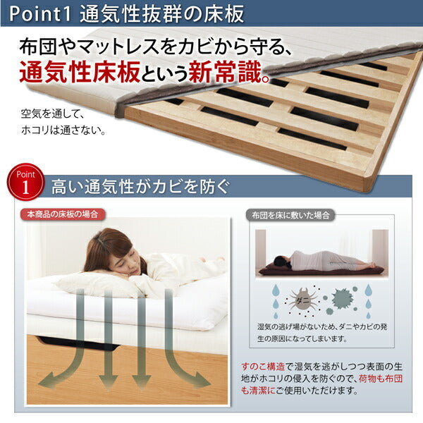 【新商品】組立設置付 通気性抜群_ガス圧式大容量跳ね上げベッド No-Mos ノーモス 薄型スタンダードボンネルコイルマットレス付き 横開き セミダブル 深さグランド 送料無料