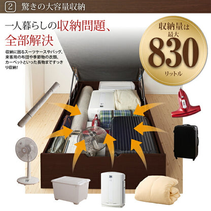 【新商品】組立設置 通気性抜群 棚コンセント付 跳ね上げベッド Prostor プロストル 薄型プレミアムポケットコイルマットレス付き 縦開き セミダブル 深さラージ 送料無料