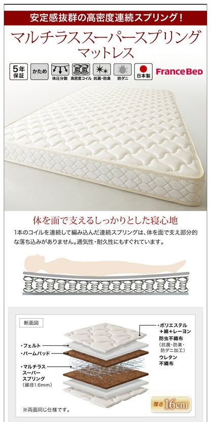 【新商品】組立設置 通気性抜群 棚コンセント付 跳ね上げベッド Prostor プロストル マルチラススーパースプリングマットレス付き 横開き セミシングル 深さグランド 送料無料