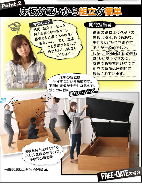 【新商品】組立設置付 搬入楽々棚コンセント跳ね上げベッド Free-Gate フリーゲート 薄型スタンダードボンネルコイルマットレス付き 縦開き セミダブル 深さレギュラー 送料無料