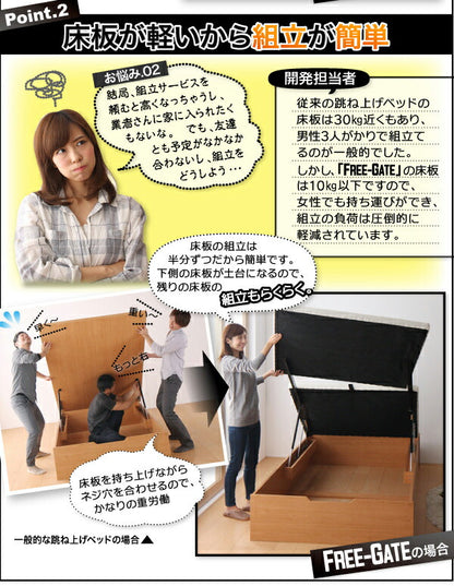 【新商品】組立設置付 搬入楽々棚コンセント跳ね上げベッド Free-Gate フリーゲート マルチラススーパースプリングマットレス付き 縦開き シングル 深さラージ 送料無料