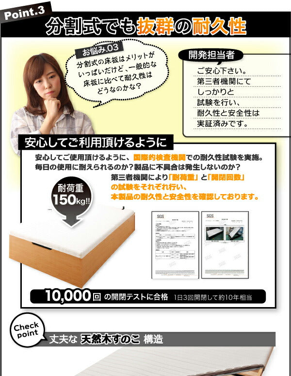 組立設置付 搬入楽々棚コンセント跳ね上げベッド Free-Gate フリーゲート 薄型スタンダードポケットコイルマットレス付き 縦開き セミダブル 深さラージ 送料無料