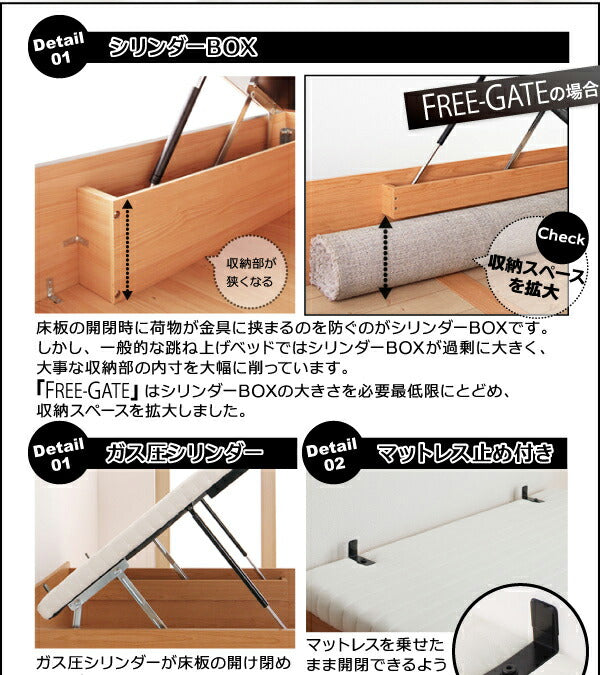 組立設置付 搬入楽々棚コンセント跳ね上げベッド Free-Gate フリーゲート 薄型プレミアムボンネルコイルマットレス付き 縦開き セミダブル 深さグランド 送料無料