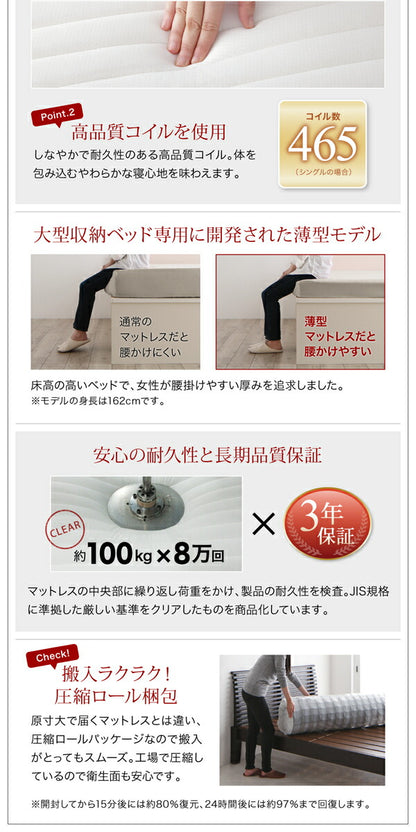 【新商品】組立設置付き 衣装ケースも入る大容量デザイン収納ベッド SCHNEE シュネー 薄型スタンダードポケットコイルマットレス付き 引出し2杯 シングル 送料無料
