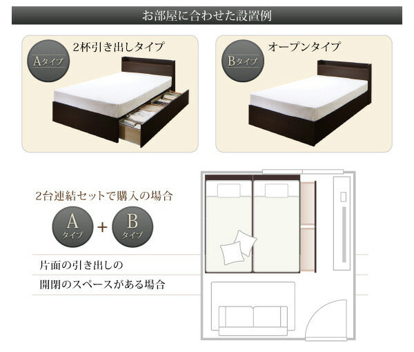 組立設置付 連結 棚・コンセント付すのこ収納ベッド Ernesti エルネスティ スタンダードボンネルコイルマットレス付き Aタイプ セミダブル 送料無料