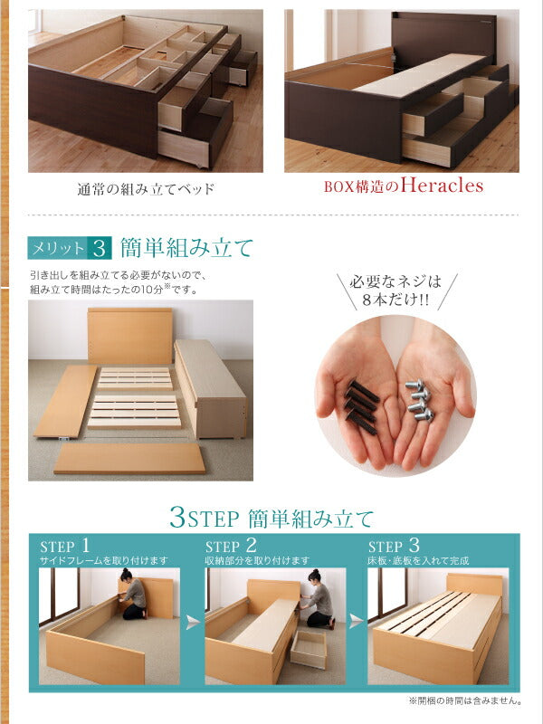 【新商品】組立設置付 長く使える棚・コンセント付国産頑丈チェスト収納ベッド Heracles ヘラクレス マルチラススーパースプリングマットレス付き セミダブル 送料無料
