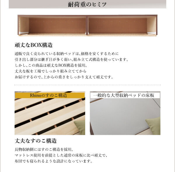 【新商品】組立設置付 長く使える棚・コンセント付国産頑丈2杯収納ベッド Rhino ライノ 羊毛入りゼルトスプリングマットレス付き セミダブル 送料無料