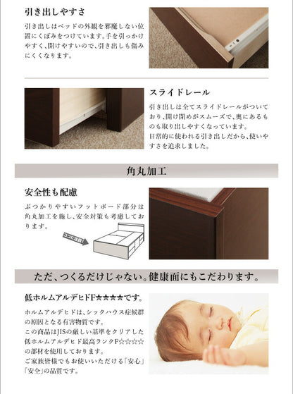 【新商品】組立設置付 長く使える棚・コンセント付国産頑丈2杯収納ベッド Rhino ライノ 羊毛入りゼルトスプリングマットレス付き シングル 送料無料