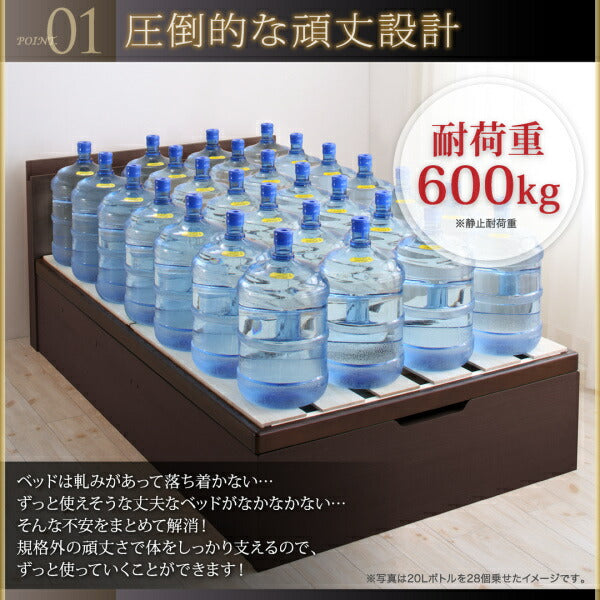 組立設置付 長く使える国産頑丈大容量跳ね上げ収納ベッド BERG ベルグ 薄型抗菌国産ポケットコイルマットレス付き 縦開き セミダブル 深さラージ 送料無料