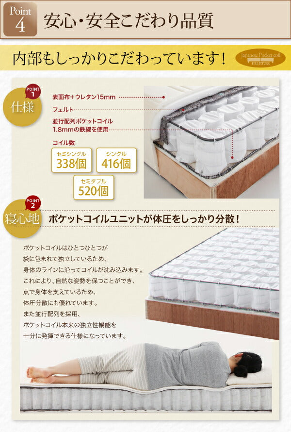 ショート丈分割式 脚付きマットレスベッド 国産ポケット マットレスベッド お買い得ベッドパッド・シーツセット付き シングル ショート丈 脚40cm 送料無料